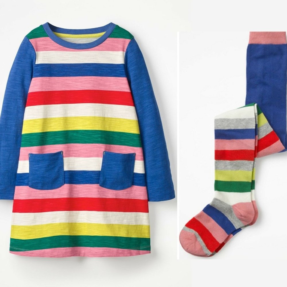NEW MINI BODEN 2pc Outfit Set Rainbow Stripe Dress and Tights